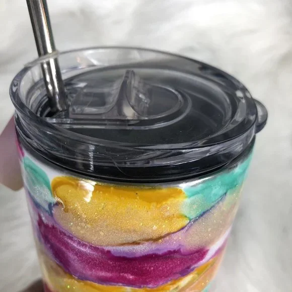 20 Ounce Tumbler Hand-Painted Pinks Pearl Teal Yellow Lid And Straw - Picture 12 of 16